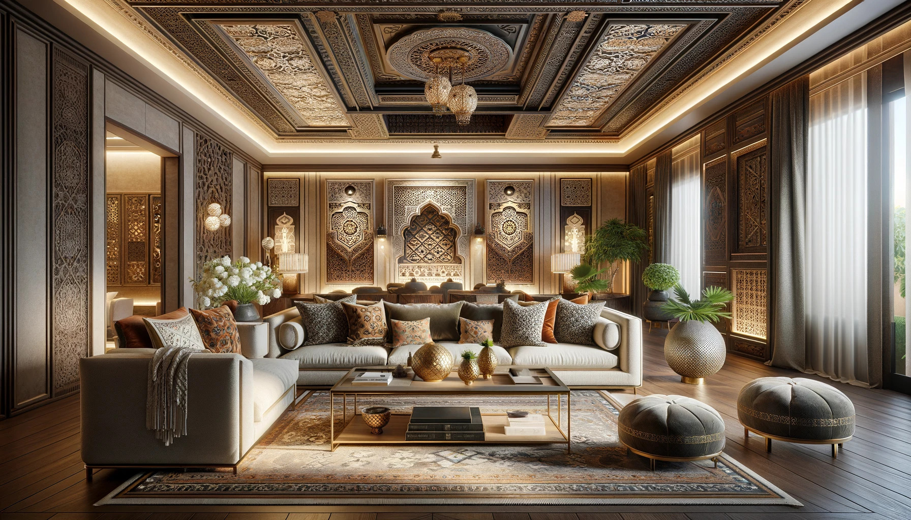 複雑な装飾パネルと繊細な木の彫刻が中東特有の豪華なデザインを内装に取り入れています