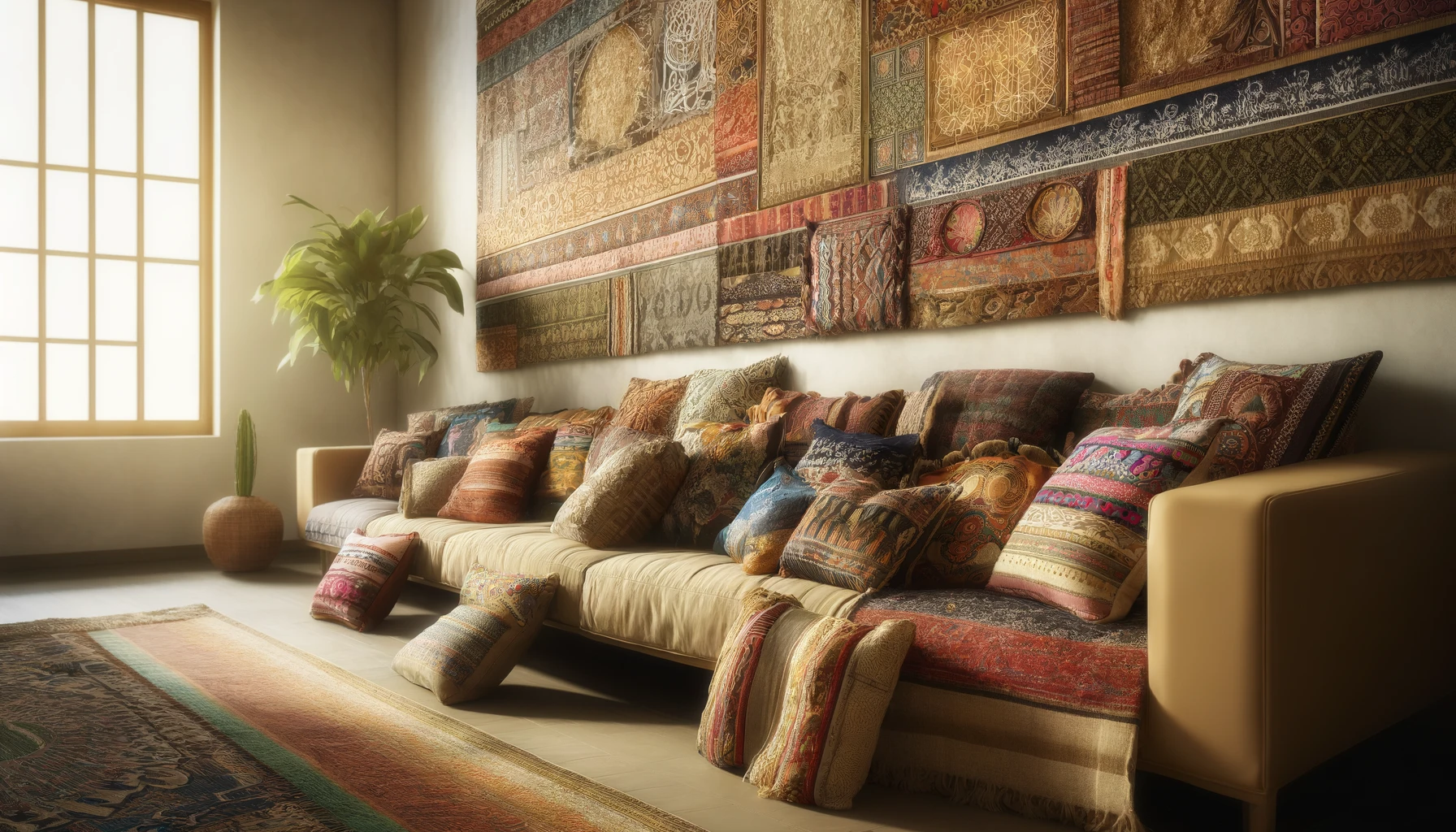 the boho chic interior, focusing on the rich textures, fabrics, and patterns, as described. This detailed view showcases the tapestry and colorful cushions, each reflecting different cultural narratives, under soft natural lighting