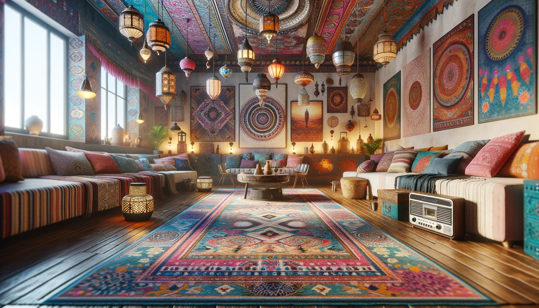 boho chic style with a focus on the floors, walls, and ceilings, featuring ethnic lamps, decorative hanging art, colorful tapestries, and vibrant textiles