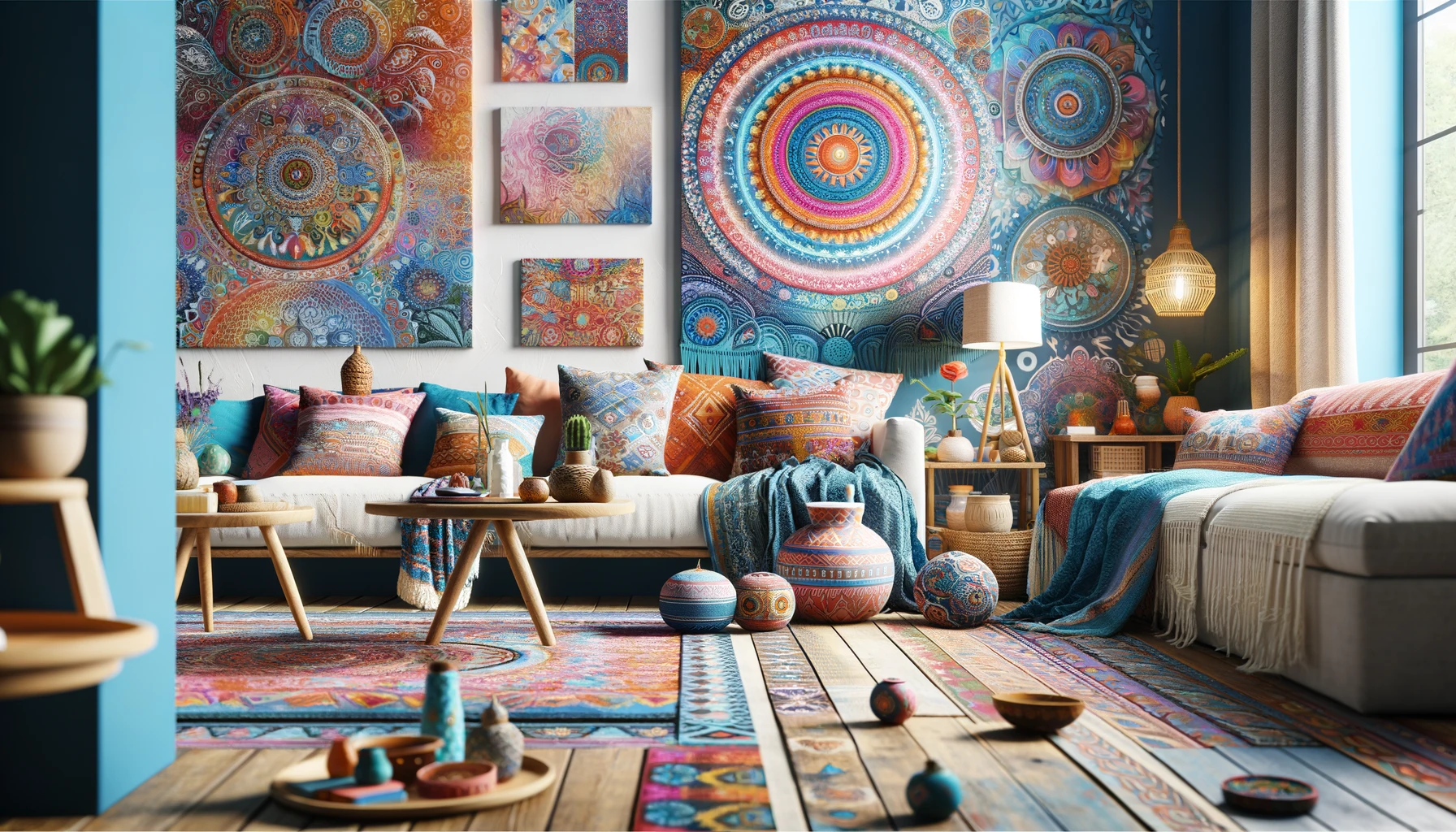 the vibrant color harmony in a boho chic interior, featuring lively shades of blue, pink, and orange