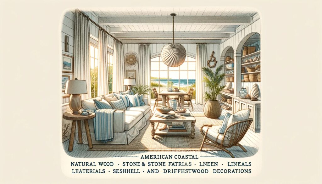 further encapsulate the essence of incorporating American Coastal style into home interiors, highlighting the blend of natural materials, sustainable elements, marine motifs, and a bright color scheme that characterizes this inviting and serene design style.
