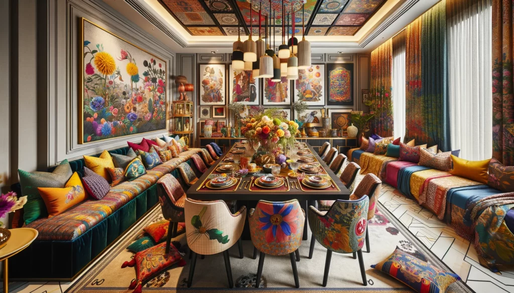 A spacious dining room that exemplifies maximalism, supervised by an interior coordinator. The room features bold wall art and cushions with diverse