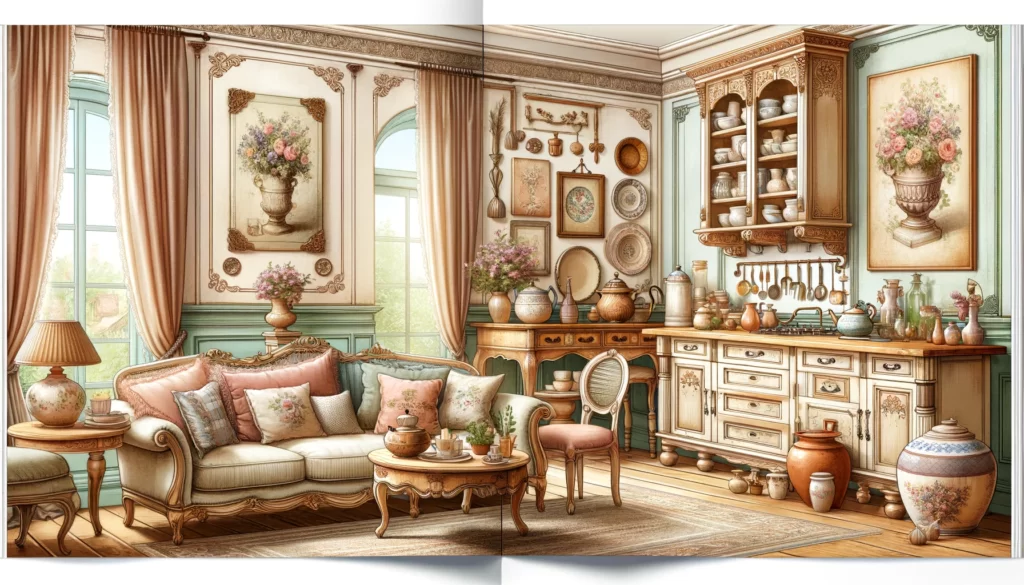 the elements of French Country style for a living room.