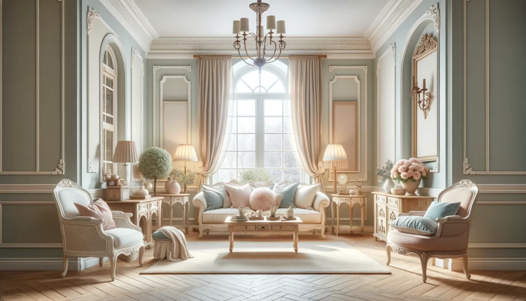 a French Country style interior, showcasing a room with pastel-colored walls, antique wooden furniture, and soft fabric accents. 