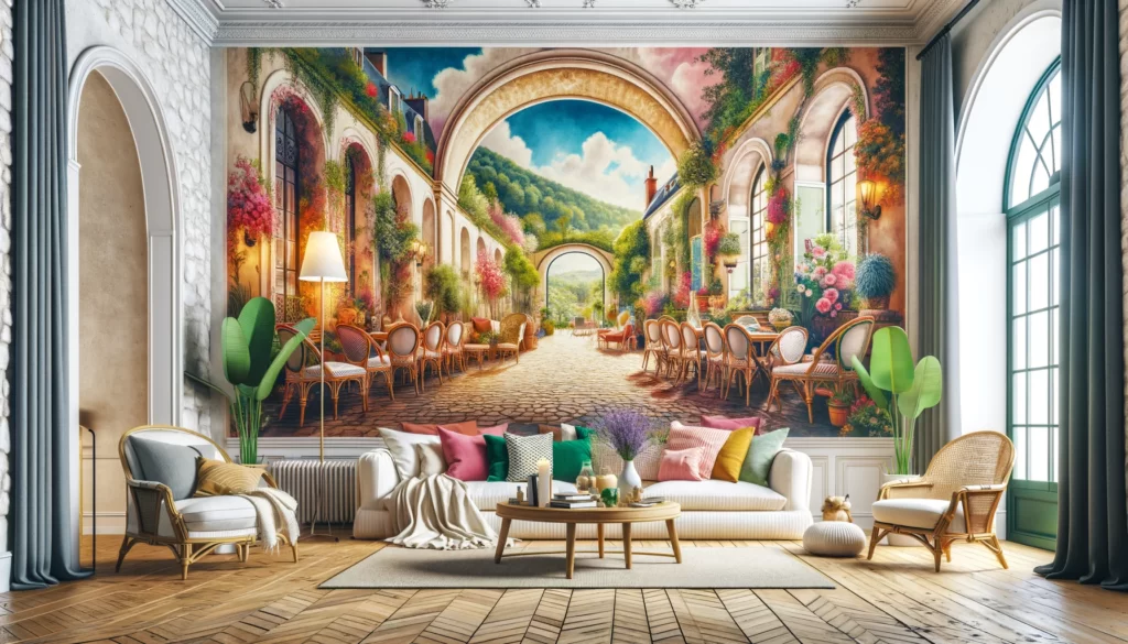 Bold Colors and Surprise Murals: Introducing vibrant wall art and bold color schemes into traditional French Country interiors, this image showcases how unexpected elements can create a personalized and unique atmosphere that's still in keeping with the resort lifestyle.