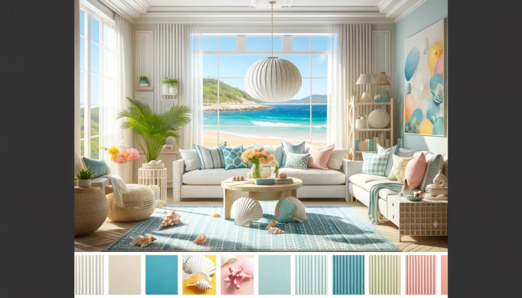  beautifully encapsulates the bright and refreshing American Coastal style color scheme for an interior space. 