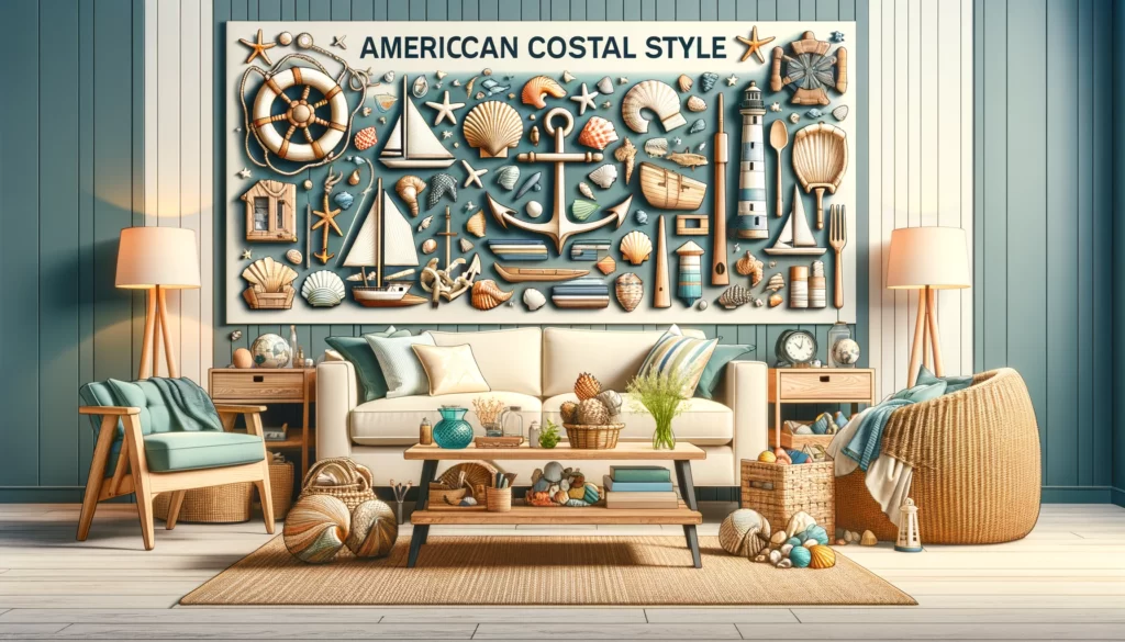  focuses on accessories within an American Coastal style living room, showcasing sustainable materials and marine motifs