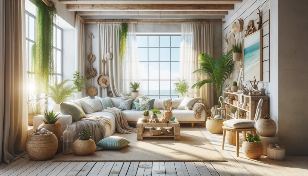 the essence of beachside comfort within an American Coastal style living room, highlighting the tranquil and relaxing atmosphere created by an abundance of natural light and the use of sustainable materials and marine motifs