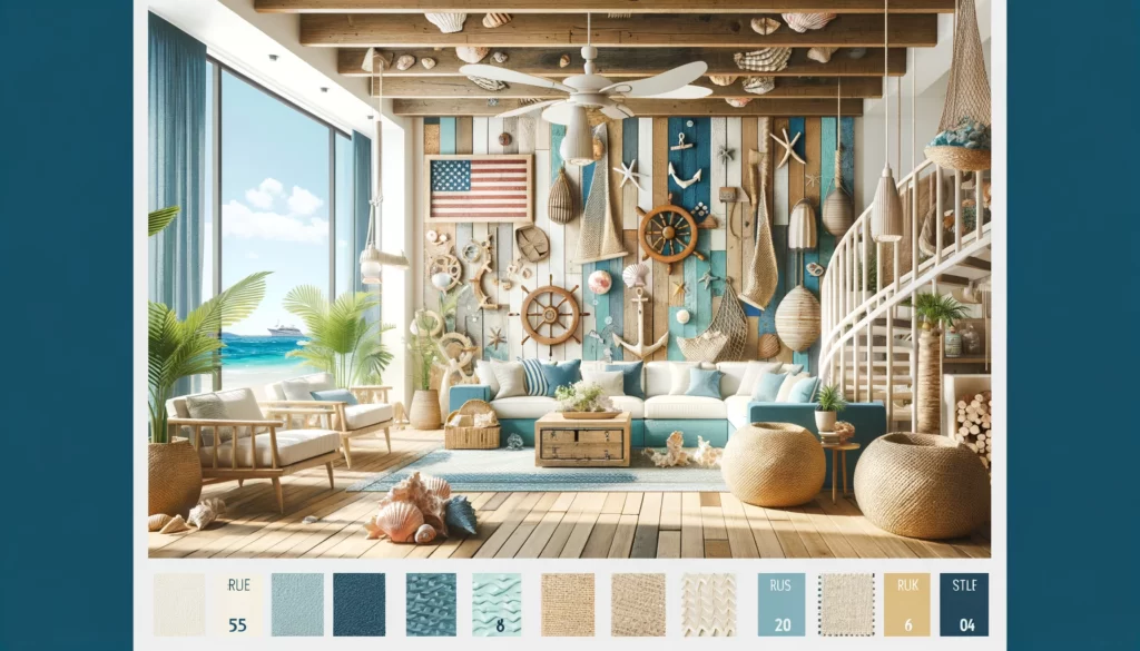 a space adorned with sustainable materials and marine motifs, capturing the essence of an American Coastal style interior. 