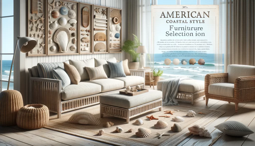 a selection of furniture for an American Coastal style living room in a catalog style, focusing on comfort and functionality. 