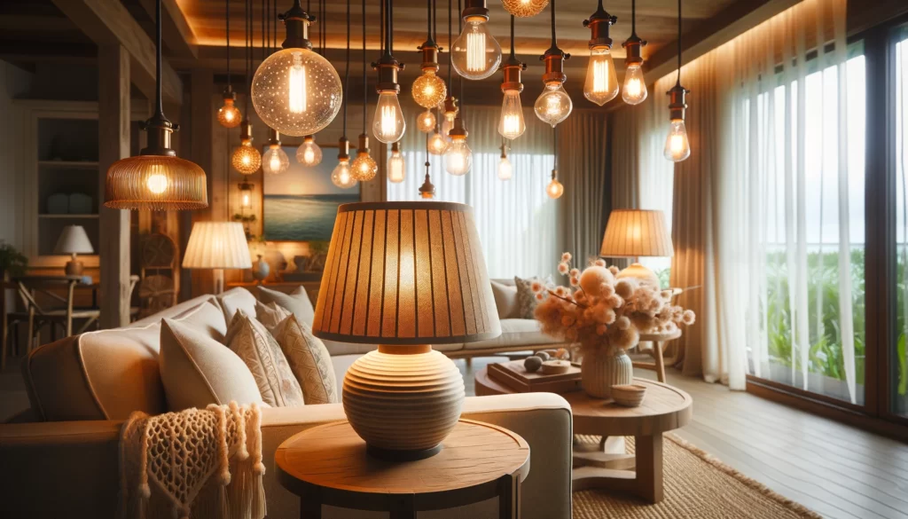 lighting options suitable for an American Coastal style setting, focusing on the warm-toned lighting and fixtures that contribute to a cozy and inviting atmosphere, perfect for enhancing the serene, resort-like ambiance of a coastal-inspired living space.