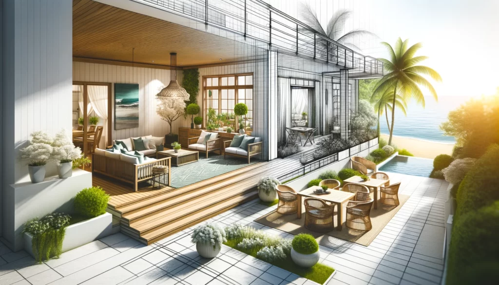 beautifully illustrates the concept of integrating outdoor spaces, such as balconies, terraces, and gardens, with the living area in an American Coastal style home