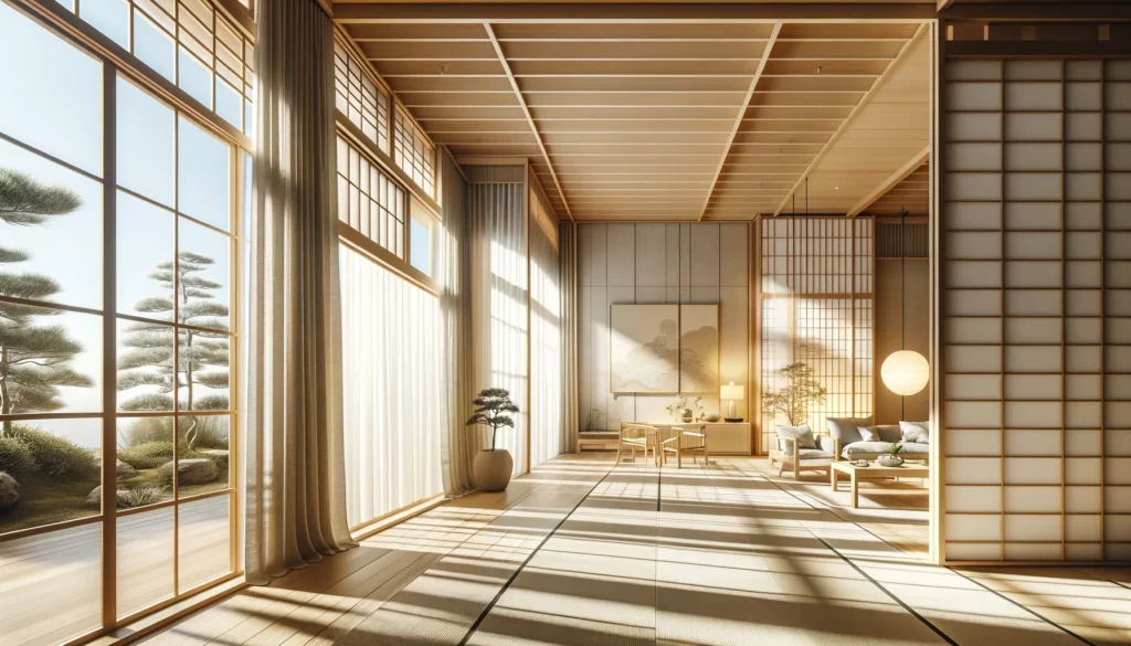 reflect a bright, modern Japanese-style space that effectively utilizes natural light, showcasing the serene and open atmosphere created by large windows or shoji screens.