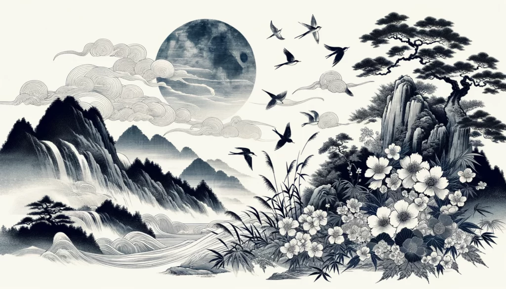 伝統的な技法を用いて描かれた横長の日本画。山水や花鳥、風月をテーマに自然の美しさと静寂を表現しており、伝統的な日本の美学と自然との調和を感じさせる作品