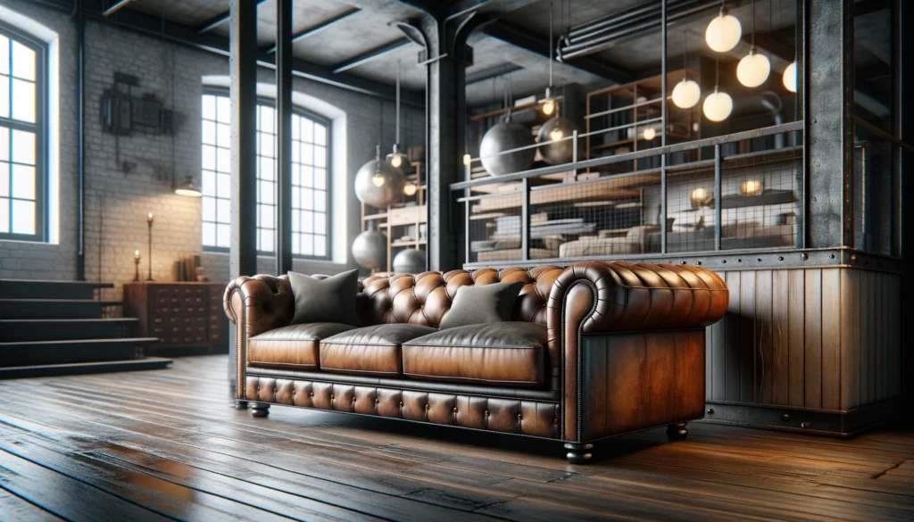 インダストリアルスタイルのリビングルームに焦点を当て、特にレザーソファを強調した家具のクローズアップ