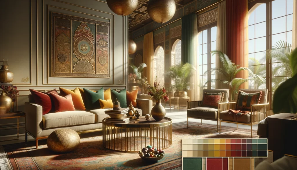 中東インテリアの豊かな色使いを反映した家具や装飾品が特徴の室内。サフランイエロー、オリーブグリーン、深いルビーレッドの鮮やかな色彩と、金や銅の金属色のアクセントが暖かく豪華な雰囲気を演出し