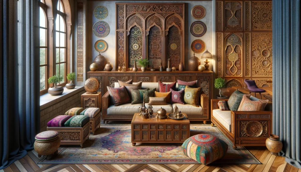 中東スタイルの家具選びに焦点を当てた室内、重厚なウォールナットやマホガニーの木材で作られた、繊細な彫刻や象嵌が施された家具