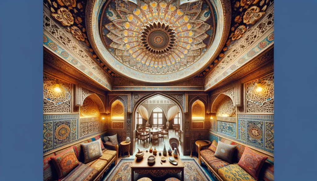 中東のカフェの内部を示す画像で、豪華なテキスタイル、伝統的なタイルワーク、繊細な木工品が特徴です。天井の装飾パネルや壁の細かい彫刻が、地域の職人技の豊かな伝統と歴史を物語っています