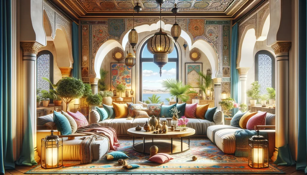  中東の伝統と現代の機能性が融合したリビングルームの内部。カラフルな布、精巧な木工品、シンプルでスタイリッシュな家具が、温かみのあるエキゾチックな雰囲気を現代的な空間