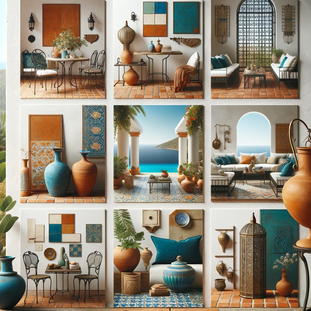 テラコッタの床タイル、鉄製の家具、海や熱帯植物にインスパイアされた装飾品、そして白い壁に青や緑のアクセント
