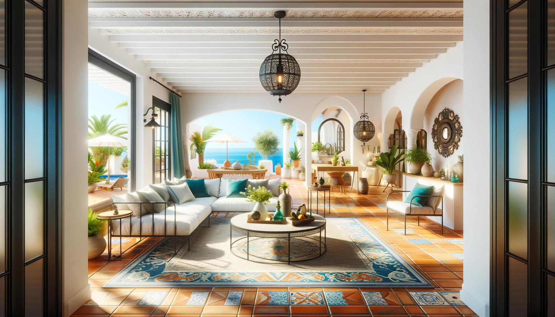 地中海リゾートスタイルのリビングルームでテラコッタの床タイル、鉄製の家具、青や緑のアクセントカラーが特徴的
