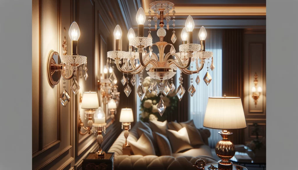 elegant American-style lighting fixtures, focusing closely on a crystal chandelier, wall-mounted lights, and a table lamp