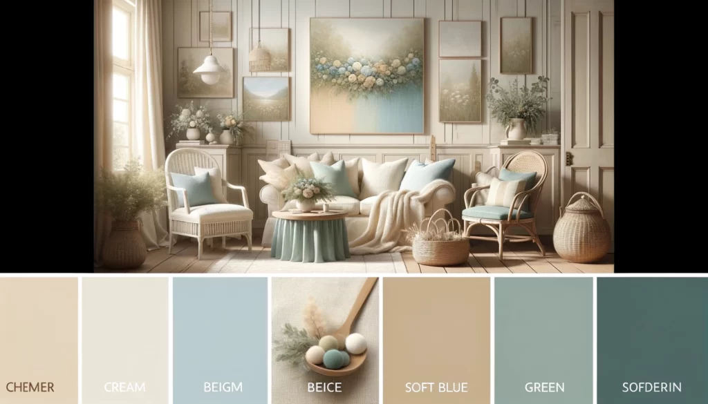 the color palette of country-style interior design, featuring soft cream, beige, soft blue, and soft green