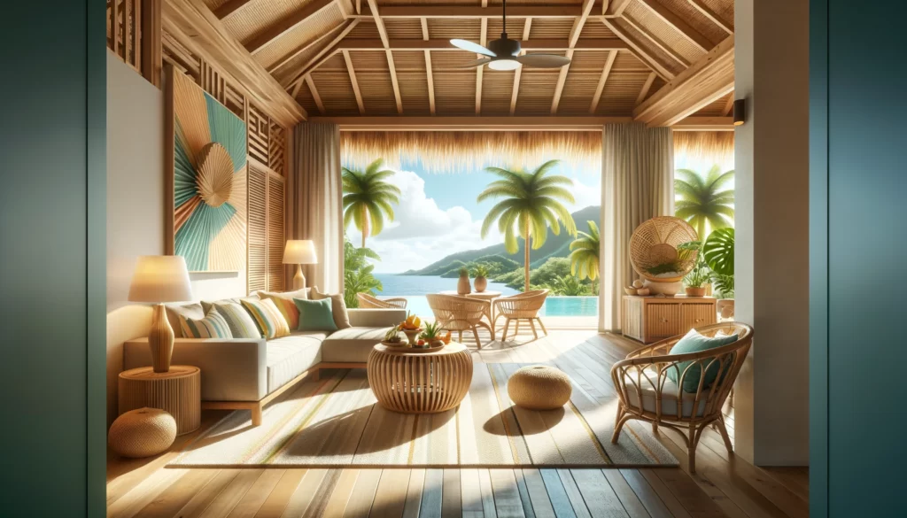 明るい色彩と天然素材で溢れるカリブ海スタイルのリビングルーム。部屋は籐と竹の家具で装飾され、開放感あふれる設計で自然光がたっぷりと差し込む。リラックスした雰囲気を演出するために、柔らかい光と低いF値で全体が明るく暖かく撮影されている。