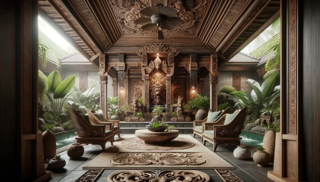 土と緑のアースカラーが支配するバリ島スタイルのリビングルーム。精巧な木彫りの装飾品、天然石、竹家具、そして豊かな緑の植物が配置されている。部屋全体が自然素材で満たされ、精神性と自然とのつながりを感じさせる雰囲気が演出されている。