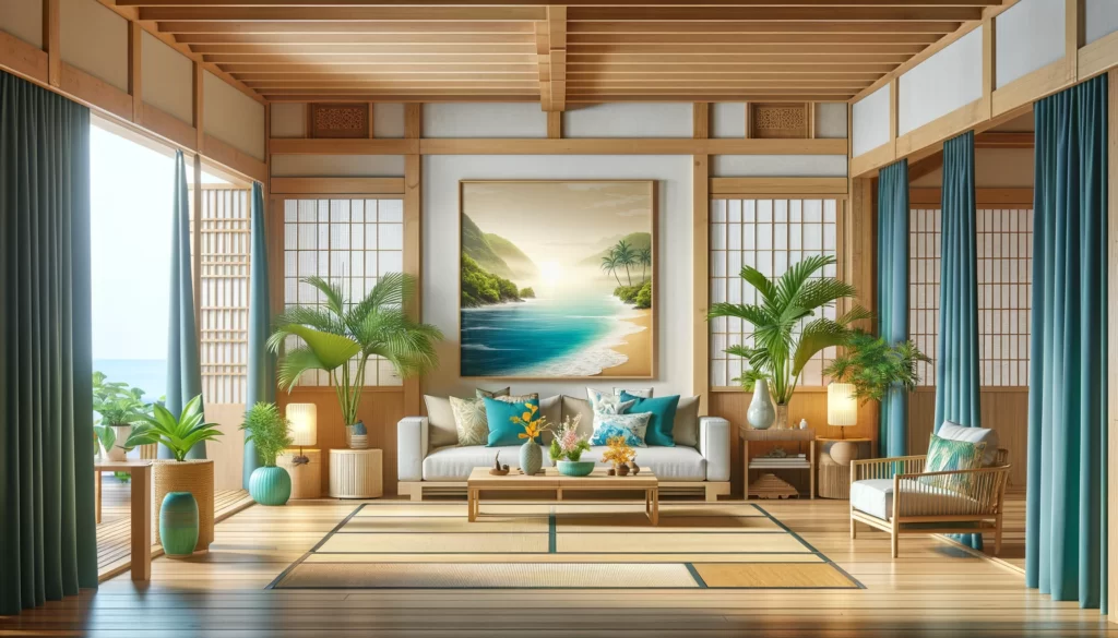 日本のアパートのリビングルームが、地中海にインスパイアされたポリネシアンスタイルの要素を巧みに取り入れています。伝統的な日本の建築特徴とポリネシアンデコールが融合し、竹のフロアマット、ライトウッドの家具、海をテーマにしたアートワークが配置されています