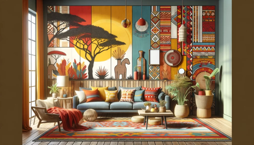inspired design vividly incorporates bold reds, blues, yellows, and earth tones, with tribal patterns and artisanal crafts showcasing the continent's rich artistic heritage.