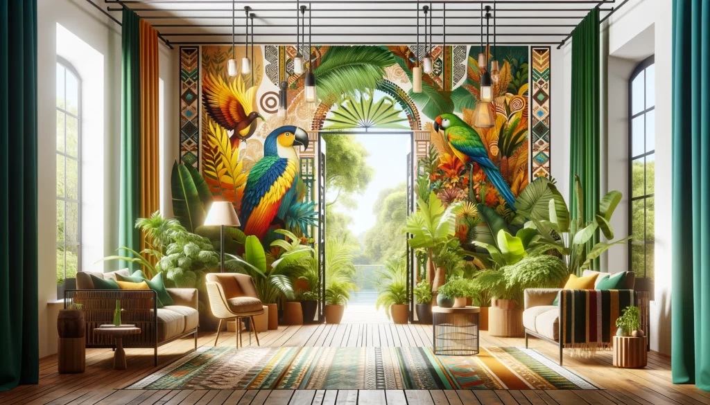 inspired interior features lush greens, yellows, and earth tones, with indigenous patterns and tropical plants that evoke the spirit of South American rainforests.