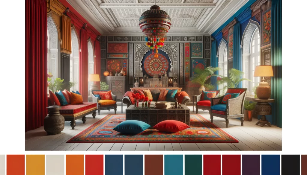 inspired design showcases vibrant reds, blues, greens, and the sacred saffron, complemented by traditional Indian elements like richly patterned textiles and intricate carvings.