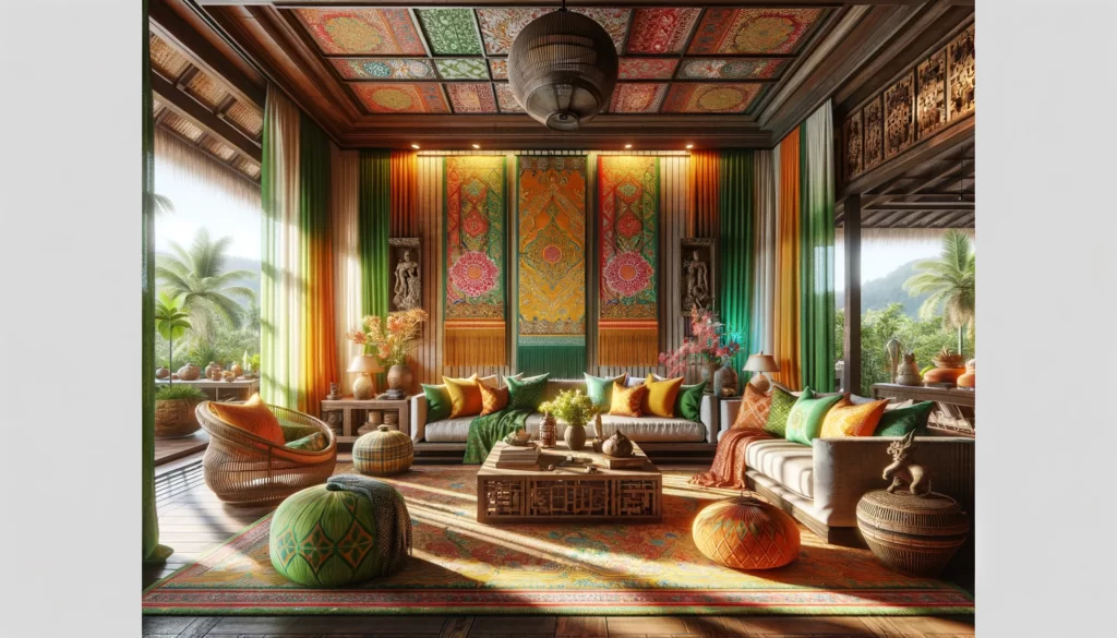 東南アジアの祝祭の色合いとテクスチャーを体現したリビングルーム