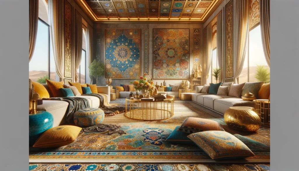 中東のインテリアデザインには砂漠の風景からインスパイアされた暖色系の色彩と、イスラム芸術の豪華な金やラピスラズリの色が融合している