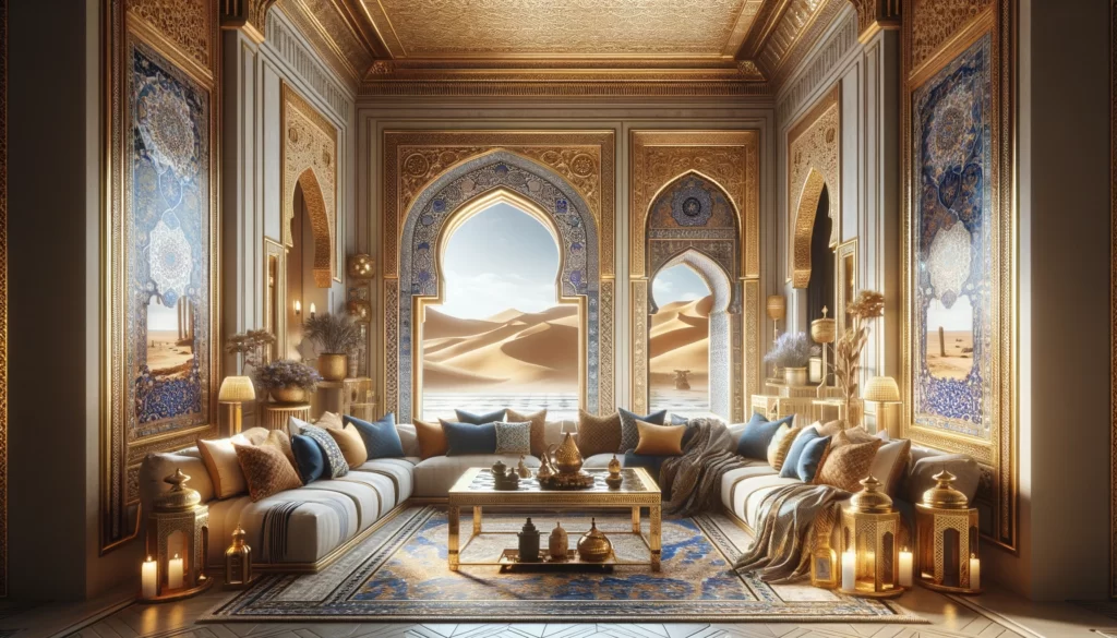 Middle Eastern interior design, inspired by the desert landscape and incorporating elements of Islamic art