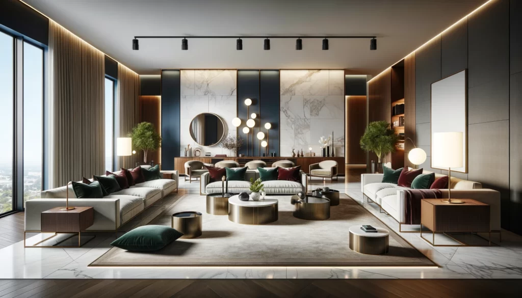 a living room that embodies modern luxury interior design, featuring a blend of high-end materials, sophisticated color schemes, and a balance between sleek design and comfort