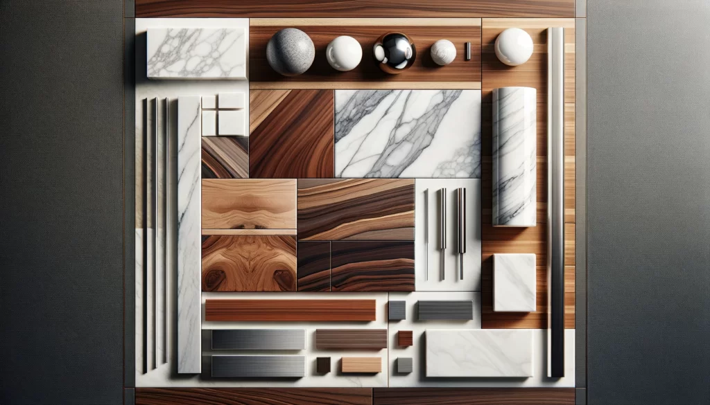  a collection of high-end materials used in modern luxury interiors, featuring Carrara marble, walnut wood, and brushed metal accents