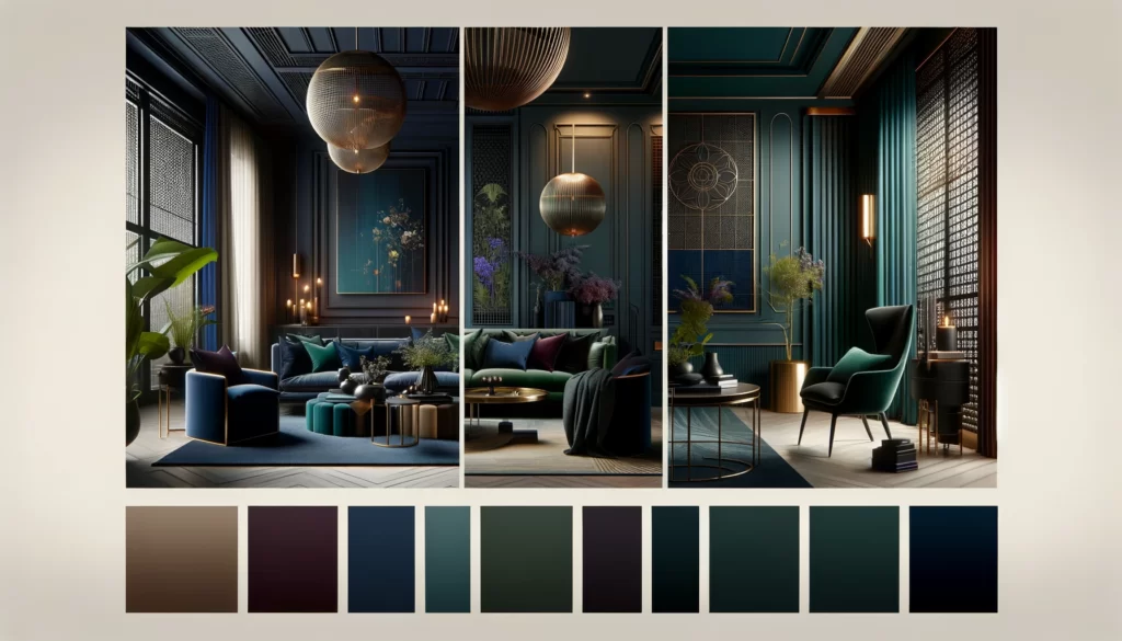 the sophisticated color palette of modern luxury interiors, highlighting deep navy blue, rich burgundy, and vibrant emerald green