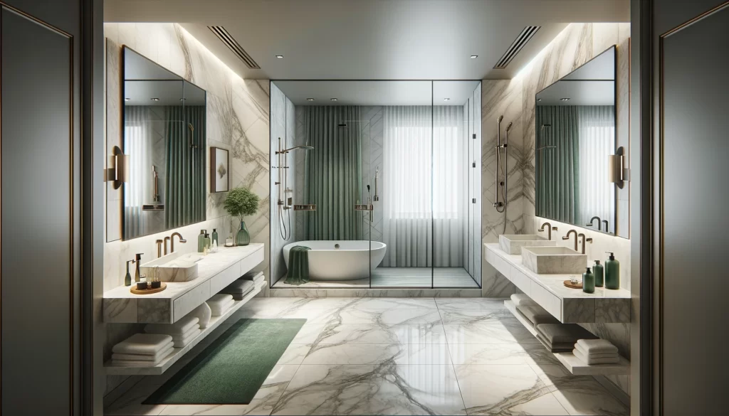  a modern luxury bathroom with marble surfaces, brushed metal fixtures, and a spacious shower area, accented with touches of emerald green for a refreshing and opulent atmosphere