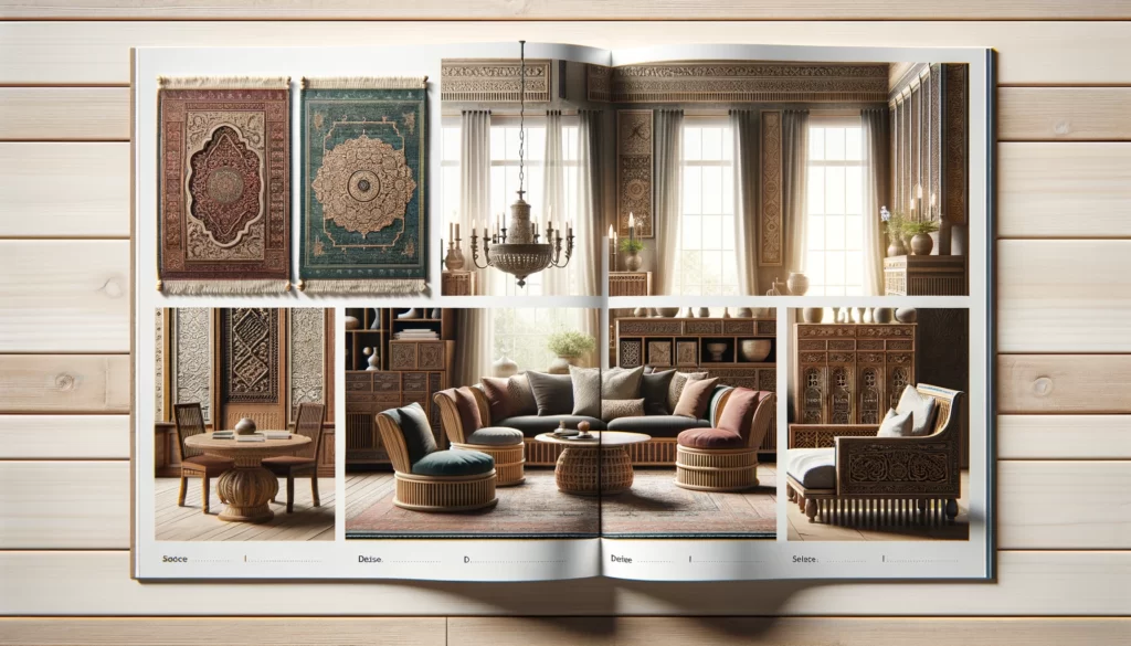 伝統的な中東スタイルの彫刻が施された木製の家具や重厚な布地、そして現代的なアプローチのシンプルなラインの家具