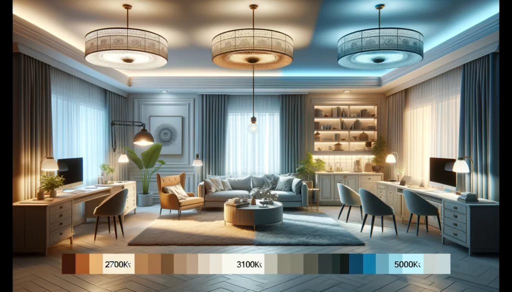 ホテルのような部屋の設定に色温度の概念をおしゃれに取り入れたものです。暖色系の照明（2700K-3000K）を使用した居心地の良いリビングエリア、中間色の照明（3500K-4100K）で明るく清潔感のあるキッチンやバスルーム、そして寒色系の照明（5000K以上）を配した書斎やオフィスエリアを視覚的に示しています