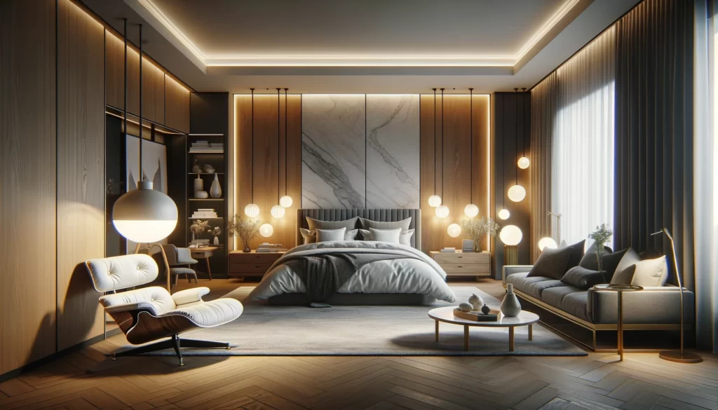 寝室で適切な照明配置を取り入れた洗練されたインテリアデザインコンセプトを示しています。大理石のテーブルや上質な木材を使用した家具、シンプルで機能的なデザインの家具、そして柔らかい照明と温かみのあるテクスチャーを取り入れることで、快適かつスタイリッシュな「ホテルライク」な空間を作り出しています