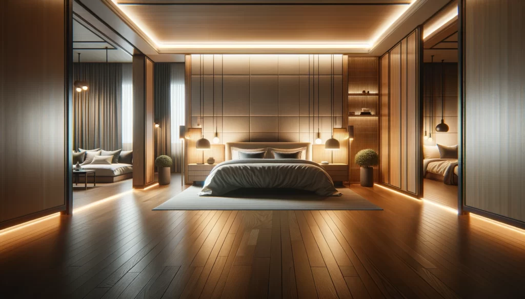 夜の洗練された寝室をズームインしたアングルから捉えています。ベッドと建築照明が中心に配置され、高品質のベッドと、落ち着きと招待感を生み出すよく設計された建築照明が特徴