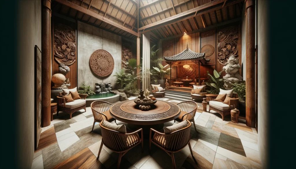 自然素材の選定、落ち着いたアースカラーの使用、アジアンテイスト溢れるデザインが特徴の部屋。中央にある木材の円形テーブルや、石と竹を使った家具が配置されており、部屋にバリ島のエキゾチックな雰囲気をもたらしています