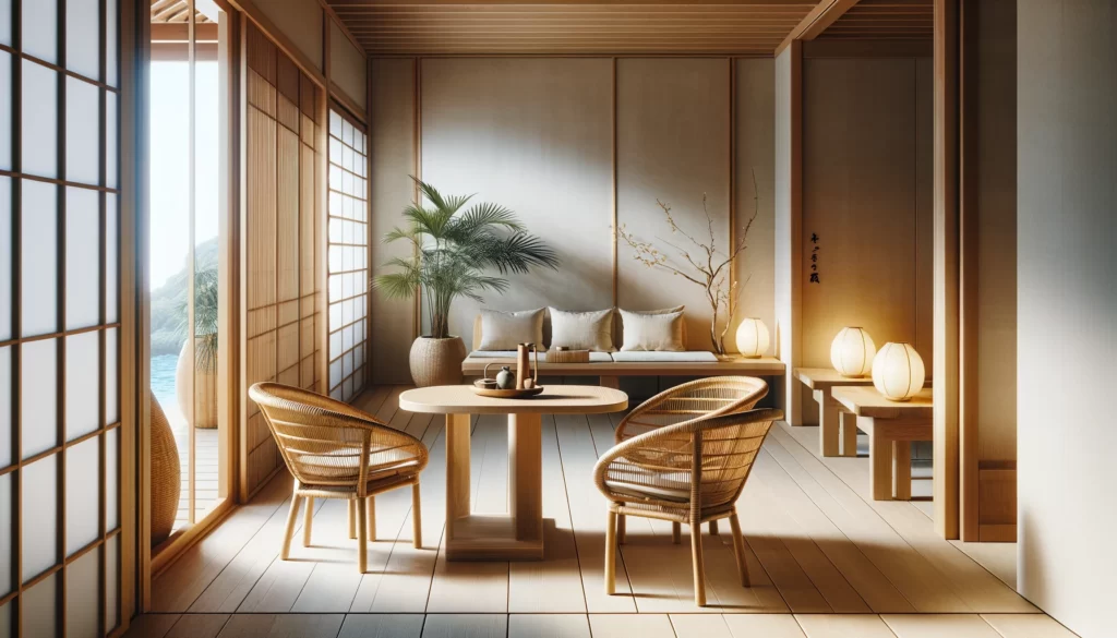 カリブ海のリゾートを思わせる家具を中心にした部屋。籐製の家具や天然木のテーブル、椅子がシンプルかつ洗練されたデザインで、日本の住宅環境に見事に溶け込んでいます