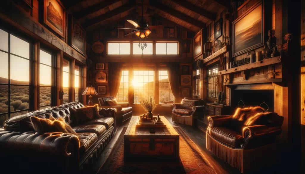 A Western Gothic living room bathed in the soft glow of sunset, with the entire room illuminated by natural light. The setting sun casts a warm, golde