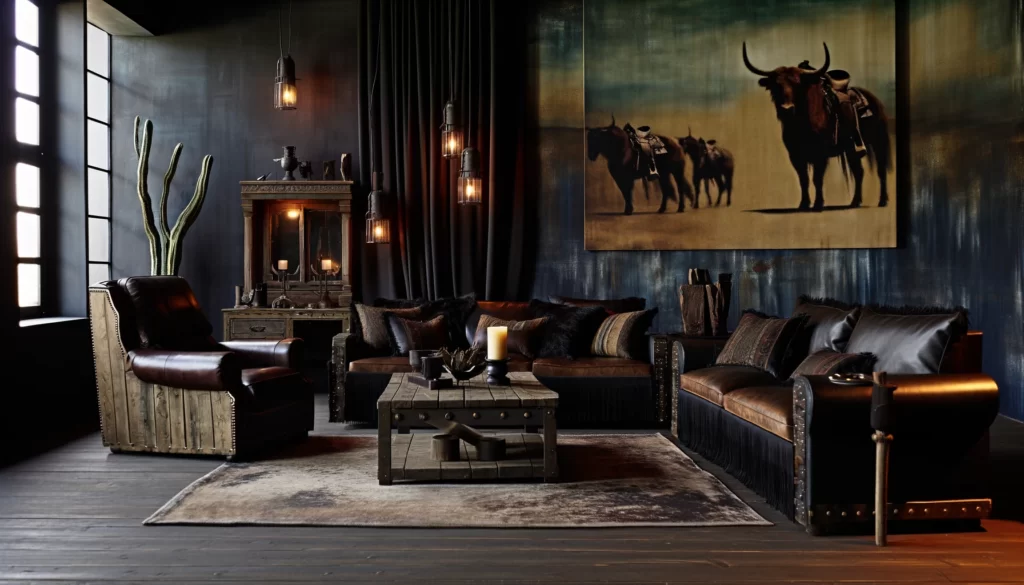 A living room that captures the essence of Western Gothic style, combining vintage Americana with deep, moody color tones. 