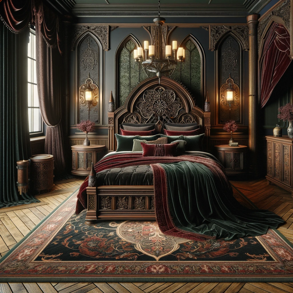 壁掛けの照明とシャンデリア風の照明が飾られたウエスタンゴシック風の寝室
