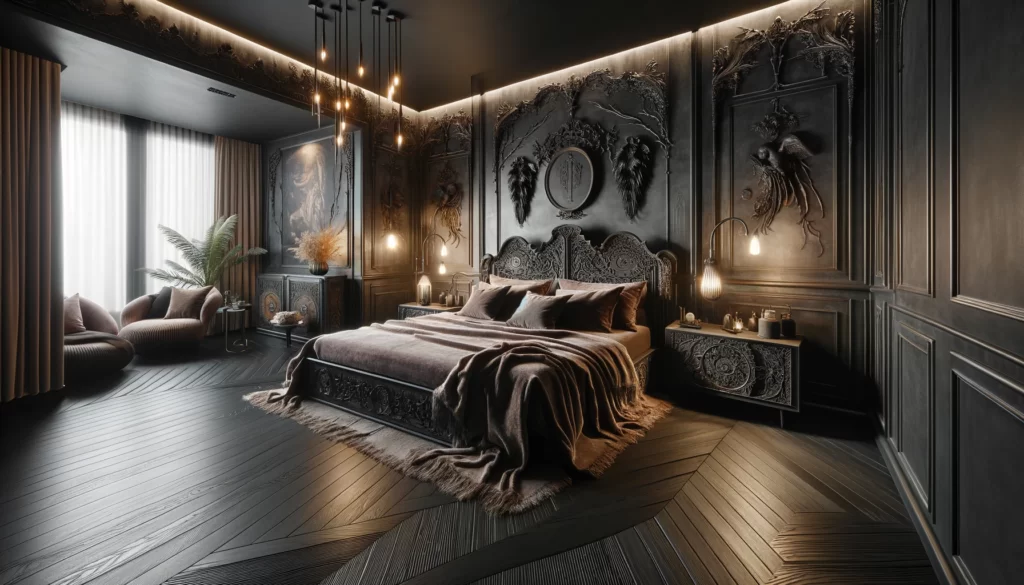 カスタマイズとパーソナライゼーション: ダークでロマンチックな魅力を持つ、個性的なデザイン要素を取り入れた豪華なベッドルーム。